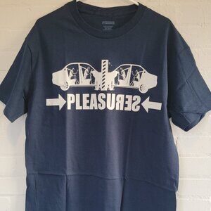 PLEASURES Crash T-Shirt Navy Blue Large Graphic Tee Car Collision Streetwear